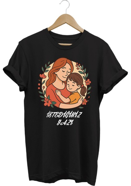 Anneler Günü Temalı Siyah Özel Tasarım Kişiselleştirilebilir %100 Pamuk Kadın T-Shirt