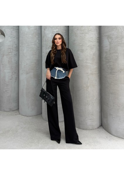Kadın Kot Detaylı Alt Üst Eşofman Takımı Oversize Düz Paça