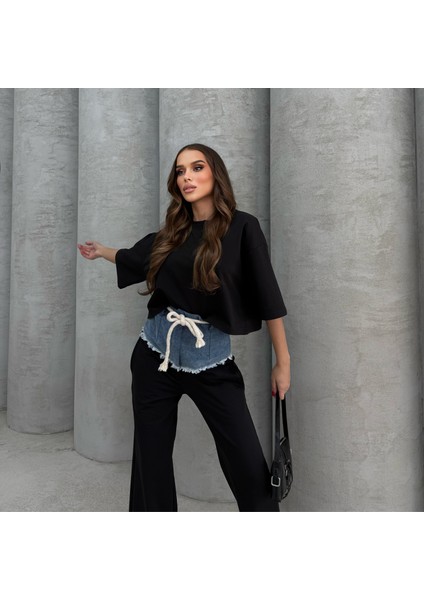 Kadın Kot Detaylı Alt Üst Eşofman Takımı Oversize Düz Paça
