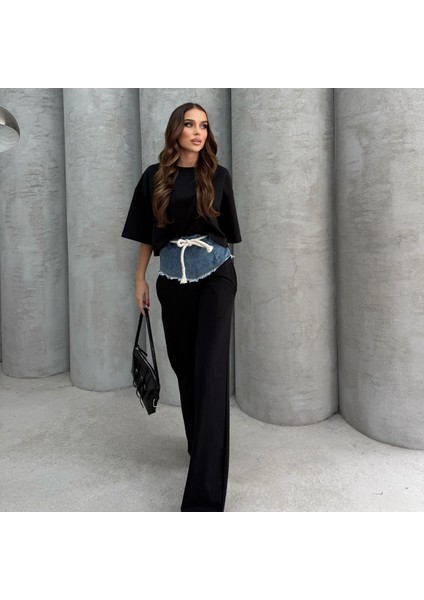 Kadın Kot Detaylı Alt Üst Eşofman Takımı Oversize Düz Paça