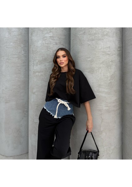 Kadın Kot Detaylı Alt Üst Eşofman Takımı Oversize Düz Paça