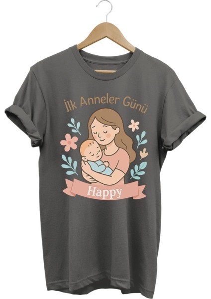 Ilk Anneler Günü Temalı Antrasit Özel Tasarım Kişiselleştirilebilir %100 Pamuk Kadın T-Shirt