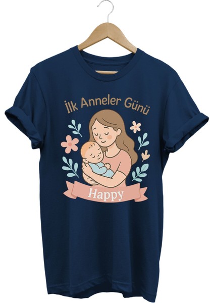 Ilk Anneler Günü Temalı Lacivert Özel Tasarım Kişiselleştirilebilir %100 Pamuk Kadın T-Shirt