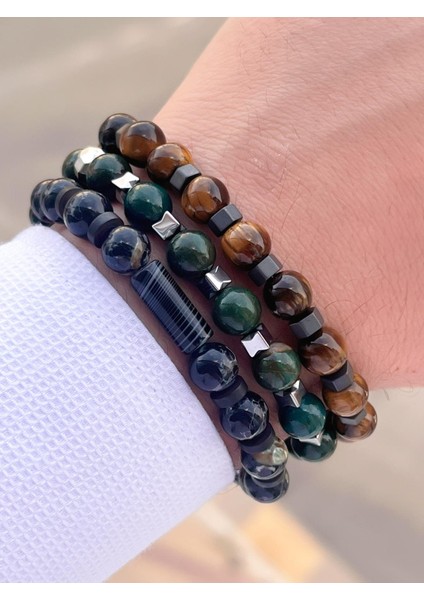 Nursaat 3 Lü Özel Tasarım Unisex Doğal Taş Bileklik Çakra, Turkuaz, Yeşim, Akik ve Sitrin Taşları 02