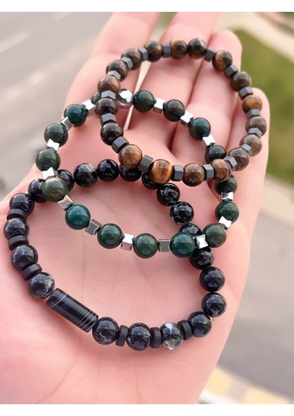 Nursaat 3 Lü Özel Tasarım Unisex Doğal Taş Bileklik Çakra, Turkuaz, Yeşim, Akik ve Sitrin Taşları 02 modelleri