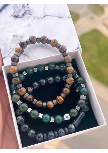 Nursaat 3 Lü Özel Tasarım Unisex Doğal Taş Bileklik Çakra, Turkuaz, Yeşim, Akik ve Sitrin Taşları 02 fırsatları