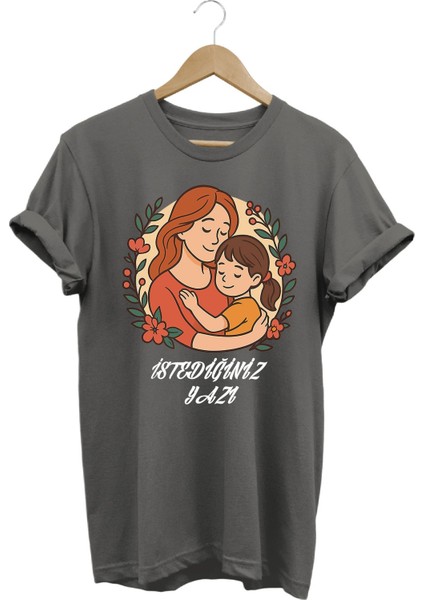 Anneler Günü Temalı Antrasit Özel Tasarım Kişiselleştirilebilir %100 Pamuk Kadın T-Shirt