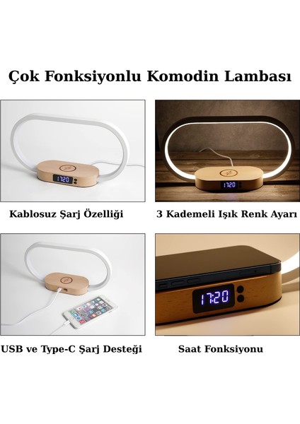 Kablosuz Şarjlı LED Işıklı Masa Lambası Alüminyum Alaşım Masif Ahşap