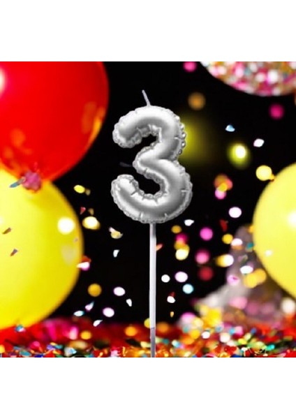 Gümüş Doğum Günü Balon Şeklinde Mum Pasta Mumu 3 Numara