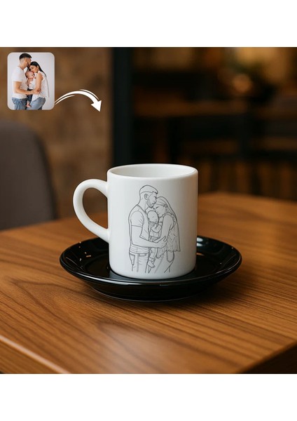 Kişiye Özel Line Art Tasarımlı Siyah Tabaklı Türk Kahvesi Fincanı-1