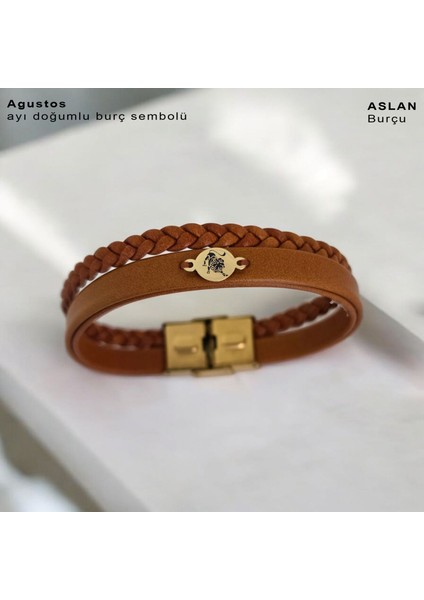 Altın Plakalı 14 Ayar Yuvarlak Motifli Özgün Derili Kadınlara Özel Burç Bilekliği-401burç-Kahverengi fiyatları