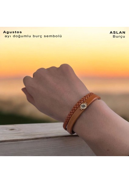 Altın Plakalı 14 Ayar Yuvarlak Motifli Özgün Derili Kadınlara Özel Burç Bilekliği-401burç-Kahverengi modelleri