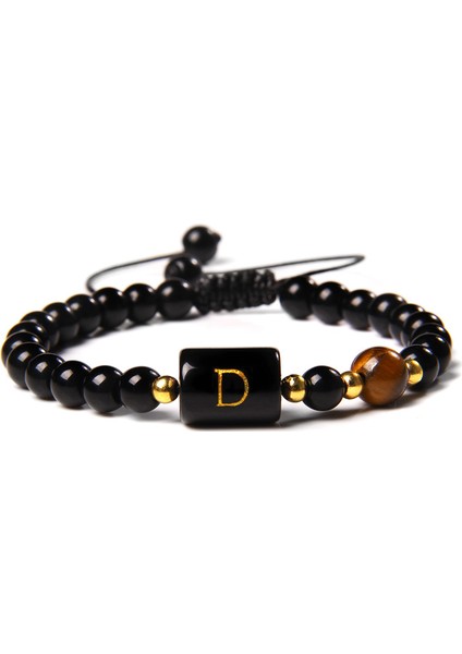 D Siyah Halat Örgü Bilezik Kadın Erkek 26 Harfli Taç Bileklik Fengshui Siyah Oniks Agat Doğal Kaplan Gözü Taş Boncuk Bilezik Juwelo (Yurt Dışından)