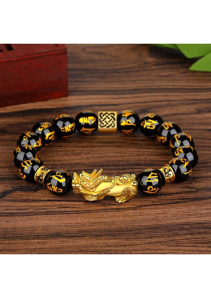 20CM Tarzı No.12 Boyutu Fengshui Altın Rengi Pixiu Unicorn Obsidyen Boncuk Bilezik Şanslı Zenginlik Kadınlar Trendi Takı Kelime Atasözü Bilezik (Yurt Dışından)