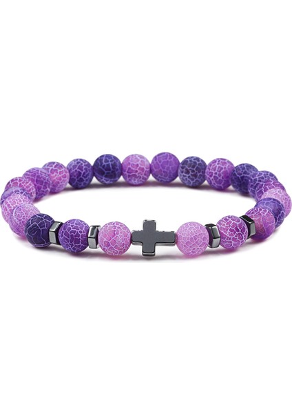 Mor Yıpranmış 8mm Boncuklar Haç Hematit Bilezik ve Bilezikler Doğal Siyah Lav Taşı Charm Bilezik Kadın ve Erkekler Için Yoga Takı Pulseras Hombre (Yurt Dışından)