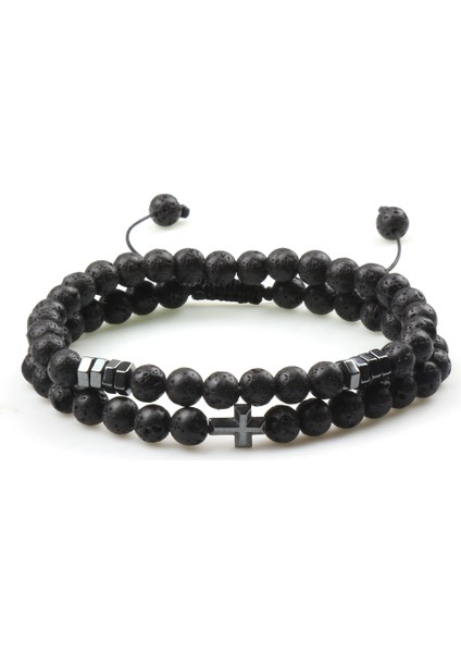 Kara Lav Obsidyen Taş Bileklik Erkek Siyah Lava Hematit Haç Boncuklar Bilezik Kadınlar Şans Doğal Taş Dua Takı Pulseras (Yurt Dışından)