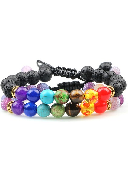 Lav-Mor Erkek Kadın 8mm Doğal Boncuklu Bilezik Lav Taşı 7 Çakra Ayarlanabilir Örme Halat Zincir Yoga Çift Bilezik Bilezikler Takı (Yurt Dışından)