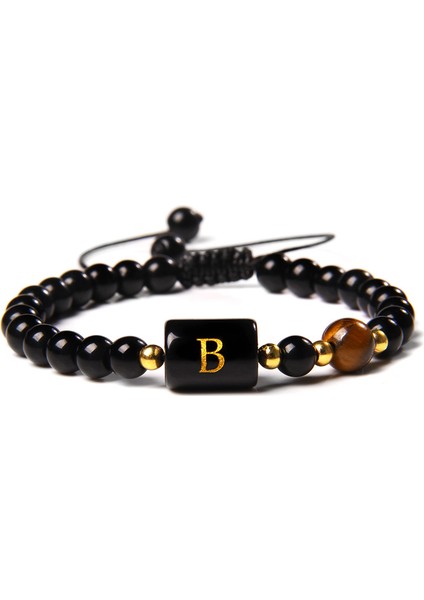 B Siyah Halat Örgü Bilezik Kadın Erkek 26 Harfli Taç Bileklik Fengshui Siyah Oniks Agat Doğal Kaplan Gözü Taş Boncuk Bilezik Juwelo (Yurt Dışından)