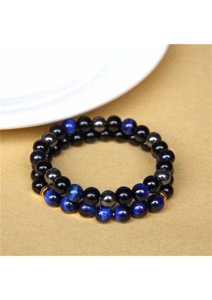 17CM Tarzı NO.126 Beden 2 Adet Erkek Bileklik Taş Boncuk Doğal Taş Siyah Oniks&tiger Gözü&hematit Taşı Bilezik Kadınlar ve Erkekler Için Manyetik Olmayan Bilezik (Yurt Dışından)