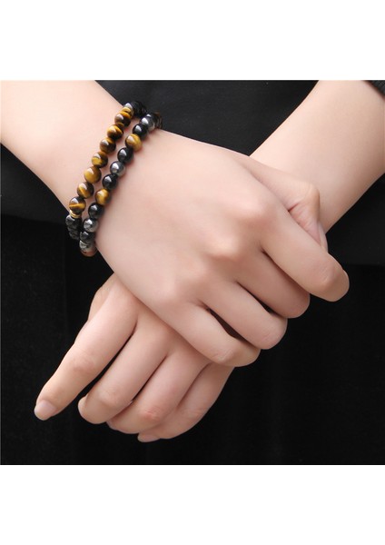 17CM Tarzı NO.126 Beden 2 Adet Erkek Bileklik Taş Boncuk Doğal Taş Siyah Oniks&tiger Gözü&hematit Taşı Bilezik Kadınlar ve Erkekler Için Manyetik Olmayan Bilezik (Yurt Dışından) fiyatları