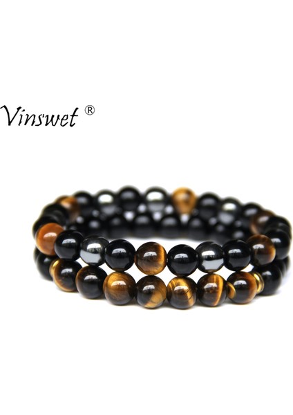 17CM Tarzı NO.126 Beden 2 Adet Erkek Bileklik Taş Boncuk Doğal Taş Siyah Oniks&tiger Gözü&hematit Taşı Bilezik Kadınlar ve Erkekler Için Manyetik Olmayan Bilezik (Yurt Dışından) indirimleri