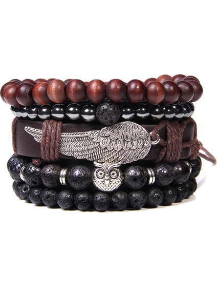 19CM Tarzı Baykuş Bileklik Seti Doğal Şifa Enerjili Labradorit Taşlı Erkek Bileklik Siyah Lav Taşı Bilezik Gümüş Renkli Haç Kolye Pulsera Fem (Yurt Dışından)