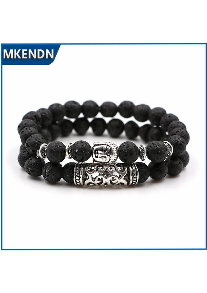 BE495 Erkekler Için Lava Oniks Turkuaz Doğal Taş Boncuklu Antik Gümüş Kaplama Buddha Kafa Şanslı Bilezik Seti Paketi (Yurt Dışından)