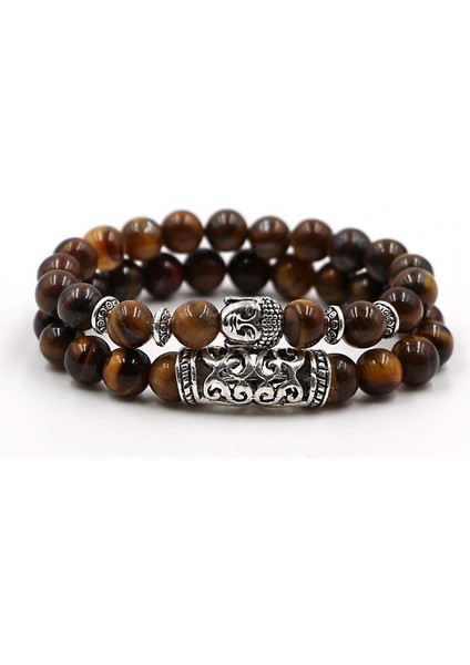 BE495 Erkekler Için Lava Oniks Turkuaz Doğal Taş Boncuklu Antik Gümüş Kaplama Buddha Kafa Şanslı Bilezik Seti Paketi (Yurt Dışından)