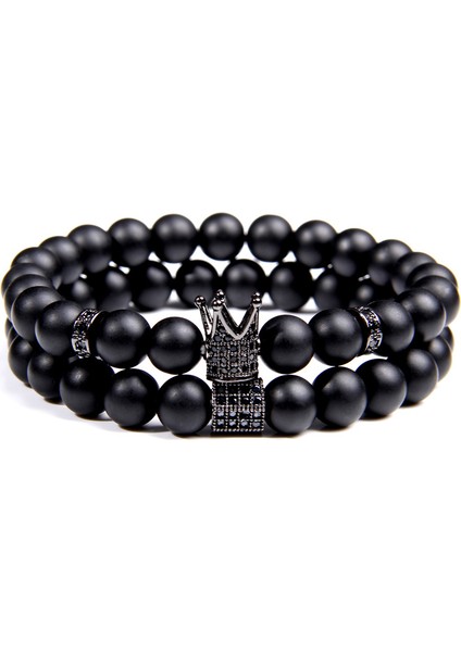 160-170MM Stili No.3 Boyutu Cz Taç Bilezik Seti Siyah Mat Taş Boncuklar Bracciali Femme Arkadaş Bilezikler Kadınlar Için Erkekler Takı Mens Bracciali Uomo (Yurt Dışından)