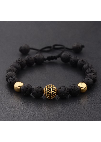 022-1 Douveı Yuvarlak Siyah Cz Zirkon Taşlı Lava Örgü Bileklik Erkek Boncuk Örgü Bileklik Homme Ayarlanabilir ABL005 (Yurt Dışından)