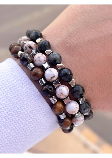 Nursaat 3 Lü Özel Tasarım Unisex Doğal Taş Bileklik Çakra, Turkuaz, Yeşim, Akik ve Sitrin Taşları 04