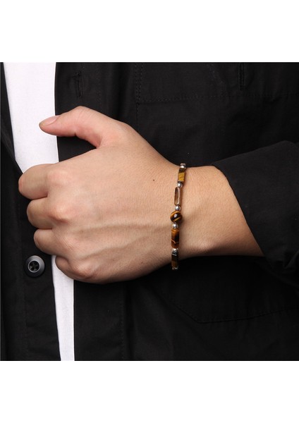 17CM Tarzı Pas Kırmızısı Doğal Kaplan Gözü Bilezik Erkek El Yapımı 4* Dikdörtgen Taş Boncuk Bilezik Elastik Kadın Takı Gümüş Renkli Şans Kolye Pulsera (Yurt Dışından)