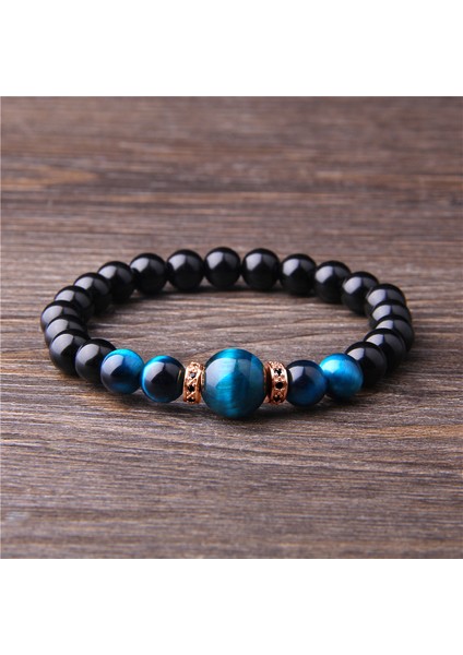17CM Tarzı Altın Gül Doğal Taş Bileklik Erkek Kraliyet Mavi Kaplan Gözü Bileklik Sağlıklı Enerji Bileziği Moda Cz Şanslı Siyah Oniks Boncuk Pulsera (Yurt Dışından)