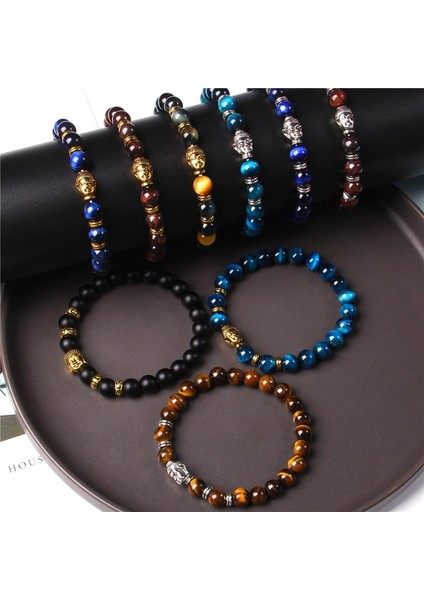 23CM Tarzı Siyah Tabanca Kaplama 42 Kds Buddha Kafa Bileziği Erkek Doğal Çakra Şanslı Kaplan Gözü Dzi Agat Taş Boncuk Bilezik Vintage Elastik Pulsera Kadın Takı (Yurt Dışından) fiyatları