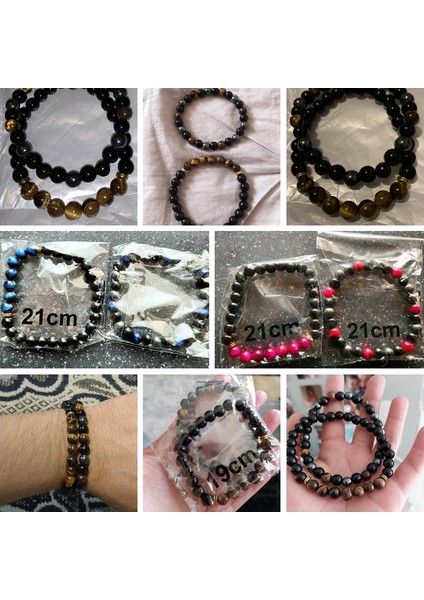 17CM Tarzı NO.2002 Boyutu 2 Adet Erkek Bileklik Taş Boncuk Doğal Taş Siyah Oniks&tiger Gözü&hematit Taşı Bilezik Kadınlar ve Erkekler Için Manyetik Olmayan Bilezik (Yurt Dışından)
