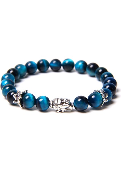 21CM Tarzı Mavi 42 Kds Buddha Kafa Bileziği Erkek Doğal Çakra Şanslı Kaplan Gözü Dzi Agat Taş Boncuk Bilezik Vintage Elastik Pulsera Kadın Takı (Yurt Dışından)