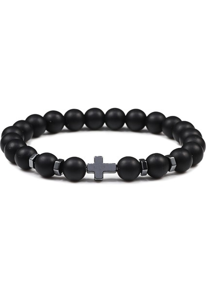 Mat Siyah Dua Erkek Kadın Bilezik Hematit Haç Tespih Doğal Taş Boncuk Isa Oniks Meditasyon Bilezikler Takı Hediye Pulsera (Yurt Dışından)