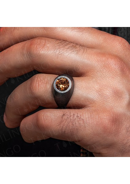 925 Ayar Gümüş Oksitli Yuvarlak Şampanya Taşlı Sade Erkek Yüzük