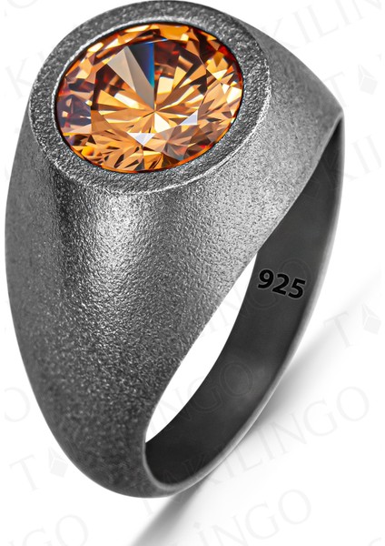 925 Ayar Gümüş Oksitli Yuvarlak Şampanya Taşlı Sade Erkek Yüzük fiyatları