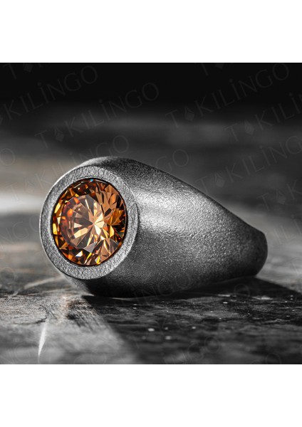 925 Ayar Gümüş Oksitli Yuvarlak Şampanya Taşlı Sade Erkek Yüzük modelleri
