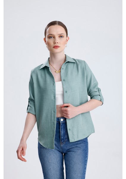 | Kadın Oversize Basic Gömlek - Rahat Kalıp, Düğmeli Uzun Kollu Günlük Gömlek