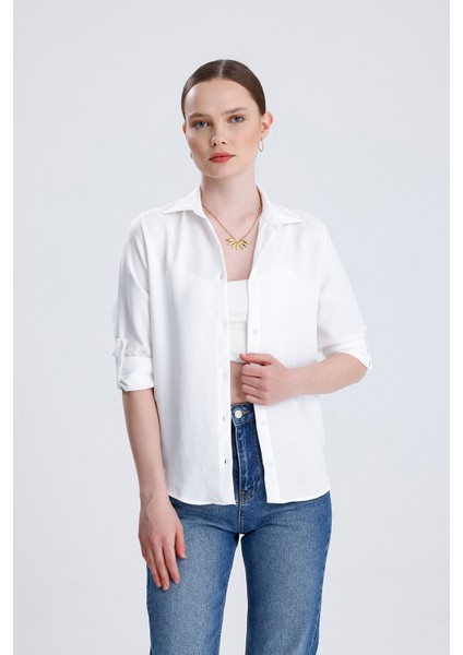 | Kadın Oversize Basic Gömlek - Rahat Kalıp, Düğmeli Uzun Kollu Günlük Gömlek