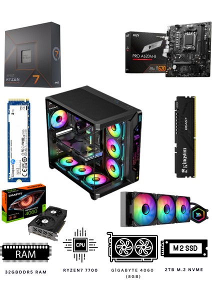 Black Crystal 32X Ryzen 7 7700 32GB Ddr5 2tb Nvme M.2 RTX4060 Ekran Kartlı Oyuncu Bilgisayarı