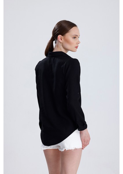 | Kadın Oversize Basic Gömlek - Rahat Kalıp, Düğmeli Uzun Kollu Günlük Gömlek