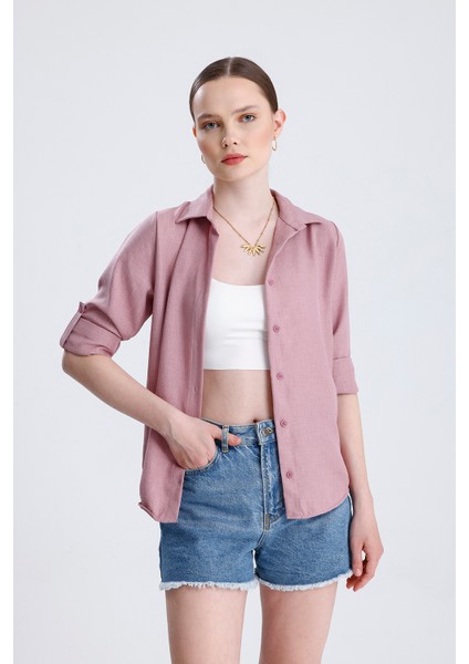 | Kadın Oversize Basic Gömlek - Rahat Kalıp, Düğmeli Uzun Kollu Günlük Gömlek