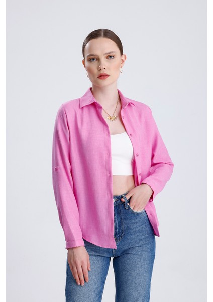 | Kadın Oversize Basic Gömlek - Rahat Kalıp, Düğmeli Uzun Kollu Günlük Gömlek