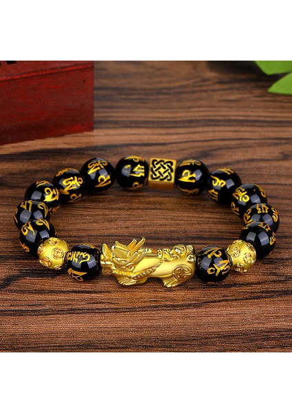 20CM Tarzı No.6 Boyutu Fengshui Altın Rengi Pixiu Unicorn Obsidyen Boncuk Bilezik Şanslı Zenginlik Kadınlar Trendi Takı Kelime Atasözü Bilezik (Yurt Dışından)