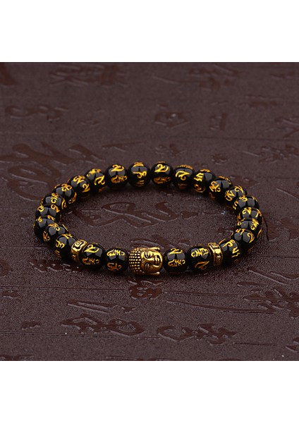 406-3 Kadınların Retro Tibet Siyah Boncuk Oyma Mantra Om Mani Amulet Bileklik Erkekler Vintage Budist Meditasyon Takı AB285 (Yurt Dışından)