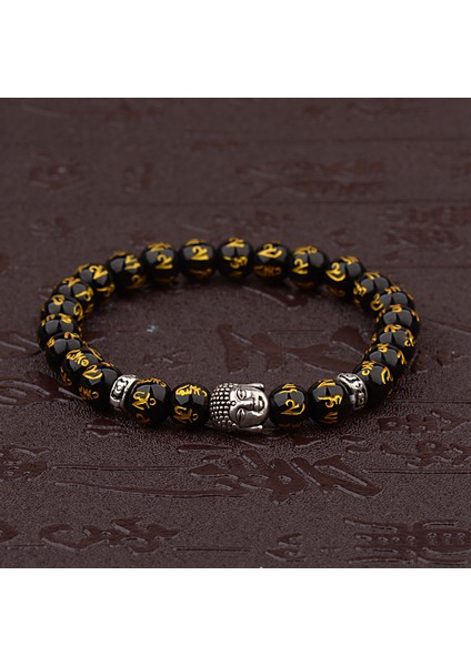 406-3 Kadınların Retro Tibet Siyah Boncuk Oyma Mantra Om Mani Amulet Bileklik Erkekler Vintage Budist Meditasyon Takı AB285 (Yurt Dışından)