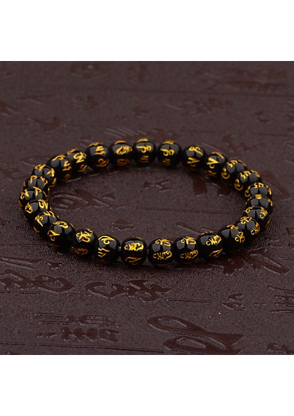 406-3 Kadınların Retro Tibet Siyah Boncuk Oyma Mantra Om Mani Amulet Bileklik Erkekler Vintage Budist Meditasyon Takı AB285 (Yurt Dışından)
